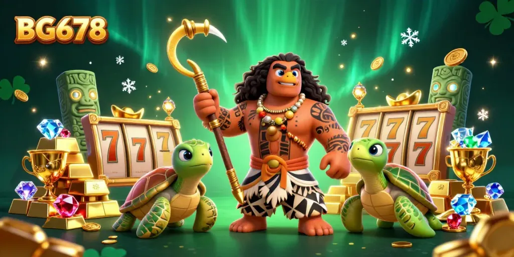Engage with BG678's exciting slot games showcasing a Hawaiian demigod and vibrant treasures.