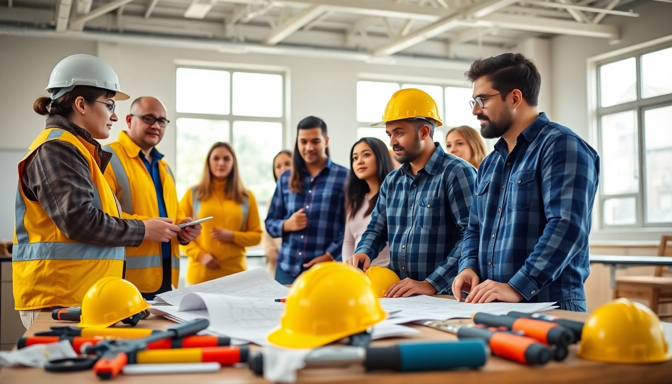 Engaged students participating in construction training led by expert instructors.