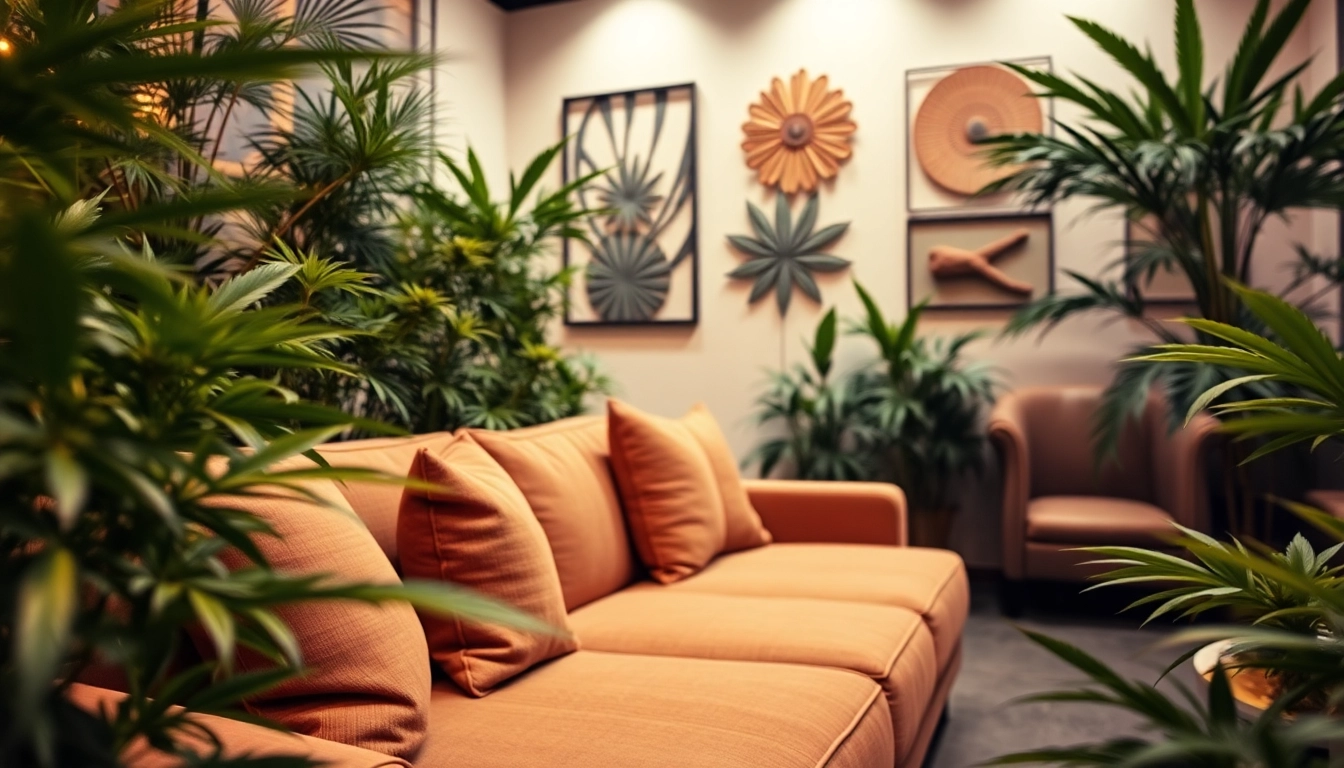 Enjoy the vibrant atmosphere of The Corner Cannabis Club Madrid, featuring lush decor and inviting seating.