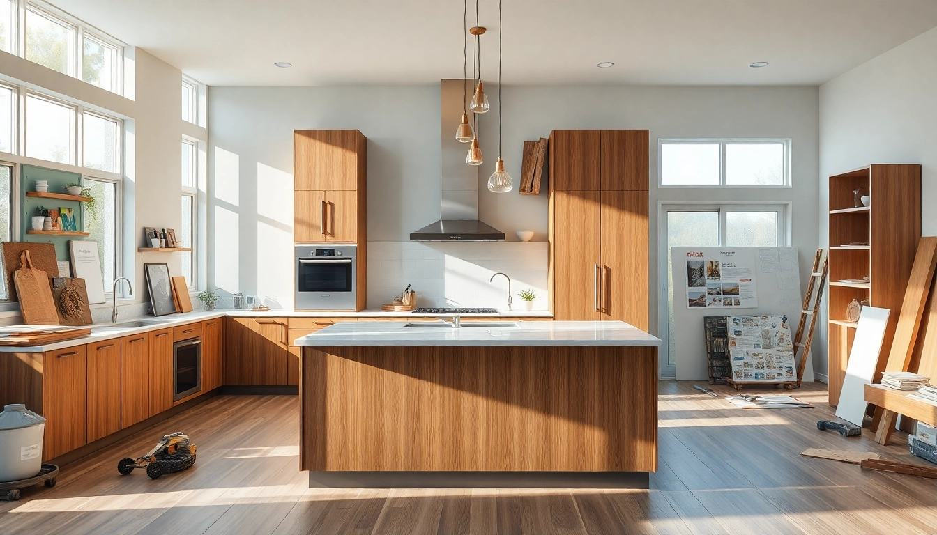 Showcase home renovation process with a modern kitchen transformation featuring tools and materials.