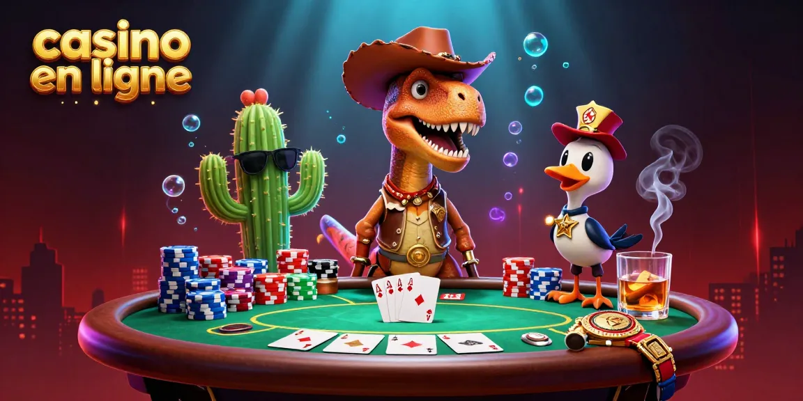 Casino en ligne : rencontre pétillante entre un dinosaure cow-boy, un cactus et un oiseau shérif autour d'une table de poker.