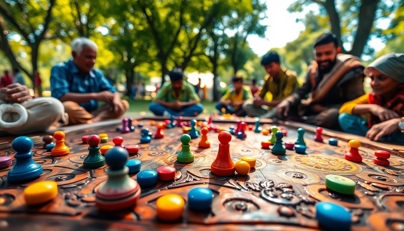 Engaged players enjoying traditional daman games in a vibrant park setting.