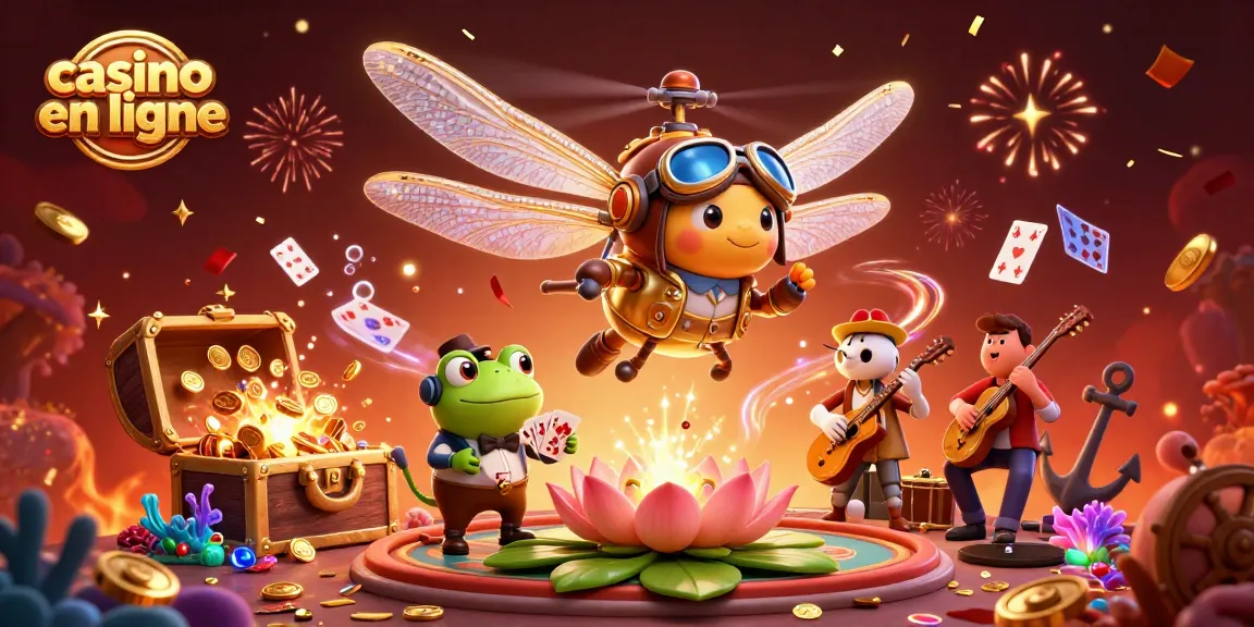 Illustration dynamique d'un casino en ligne avec un pilote et un croupier, illustrant un environnement de jeu sous-marin festif.