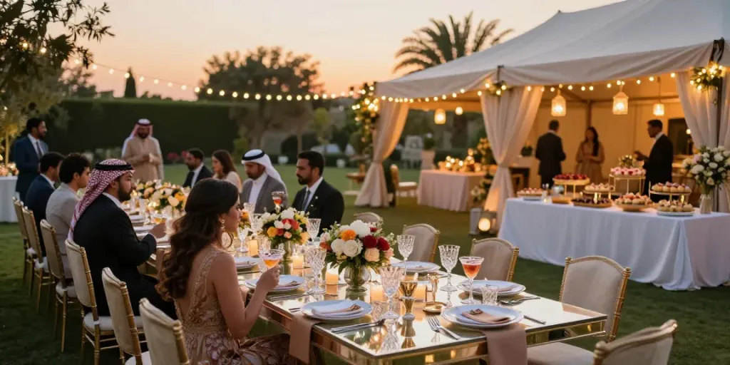 Event rental ksa setup showcasing a luxurious outdoor wedding reception with fine dining, elegant decorations, and a picturesque sunset.