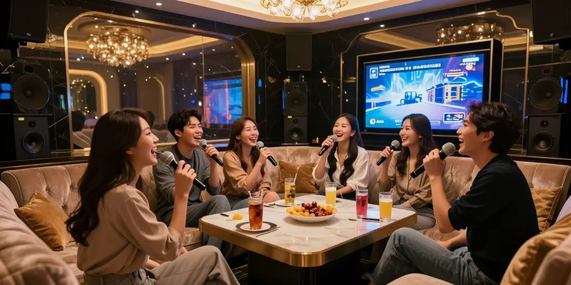 강남가라오케에서 즐거운 시간을 보내는 친구들, 고급 인테리어와 편안한 좌석이 있는 분위기 있는 공간에서 노래를 부르고 있습니다.