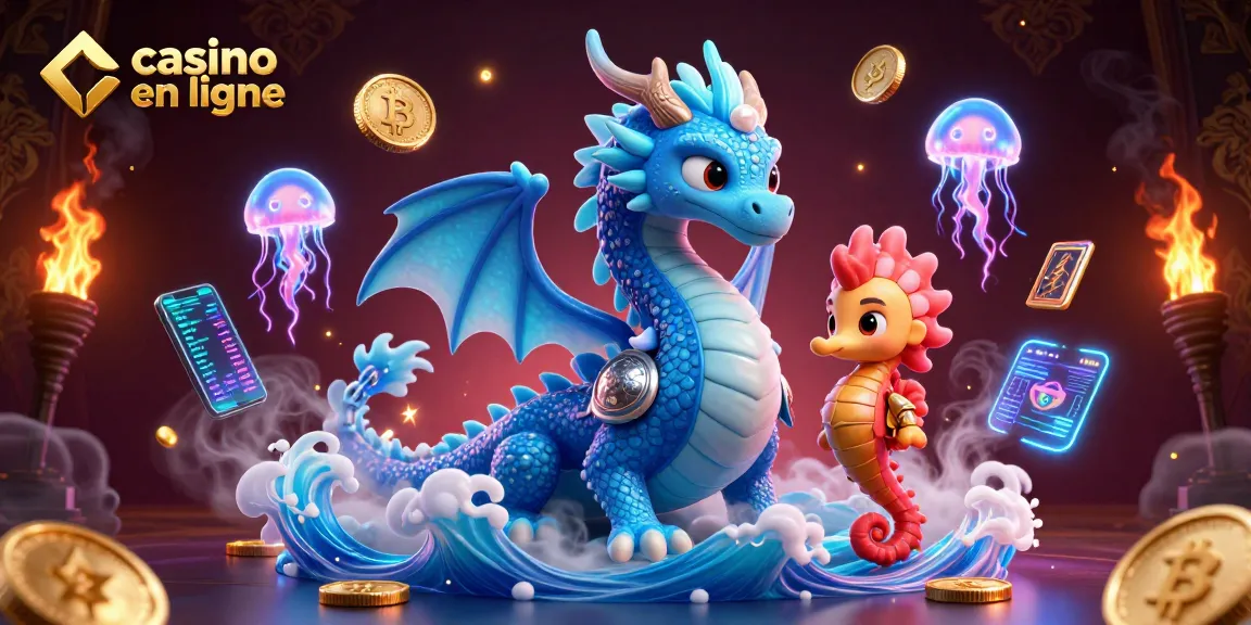 Jeux passionnants de casino en ligne avec un dragon azur et des créatures marines illuminées.