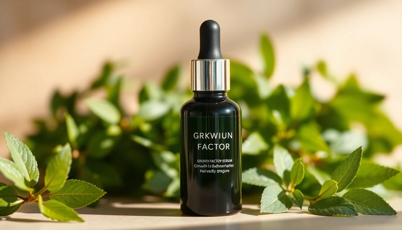Discover a growth factor serum bottle with botanicals reflecting revitalization and natural ingredients.