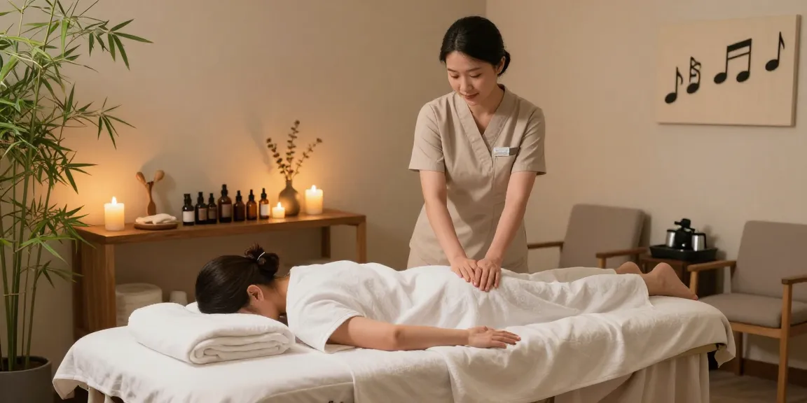 마사지 치료 공간에서 편안한 분위기 속에 따뜻한 조명과 아로마 오일이 놓여 있는 모습