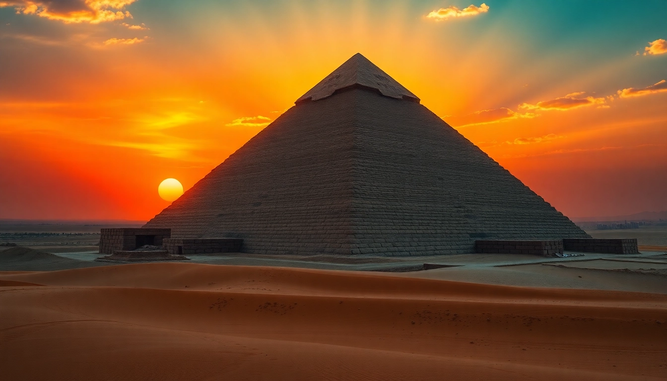 Witness the majestic piraminds towering against a sunset, showcasing their ancient grandeur.