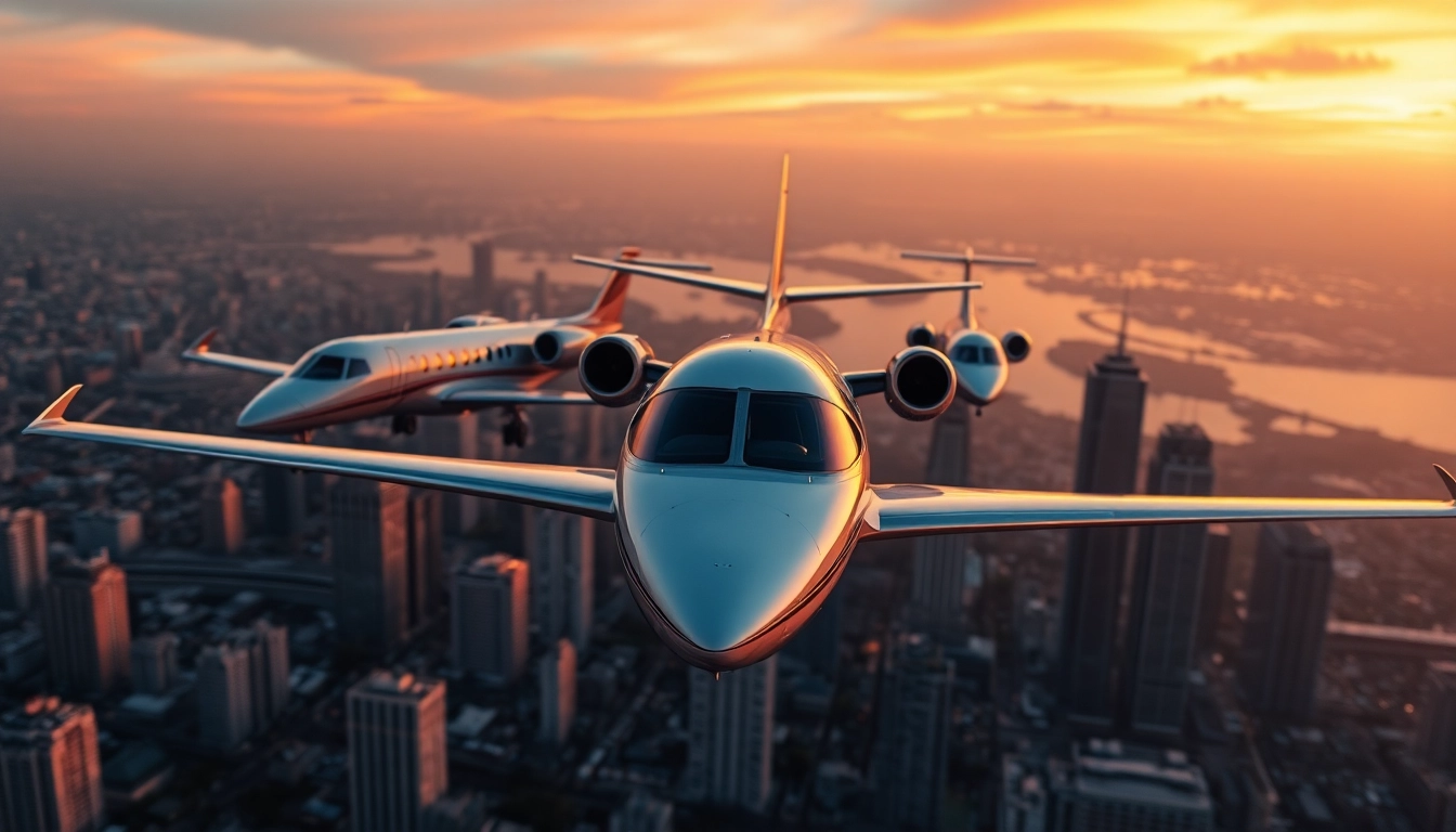 Experience luxurious private jets soaring over a city skyline with https://flymarquis.com highlighting exclusive travel.