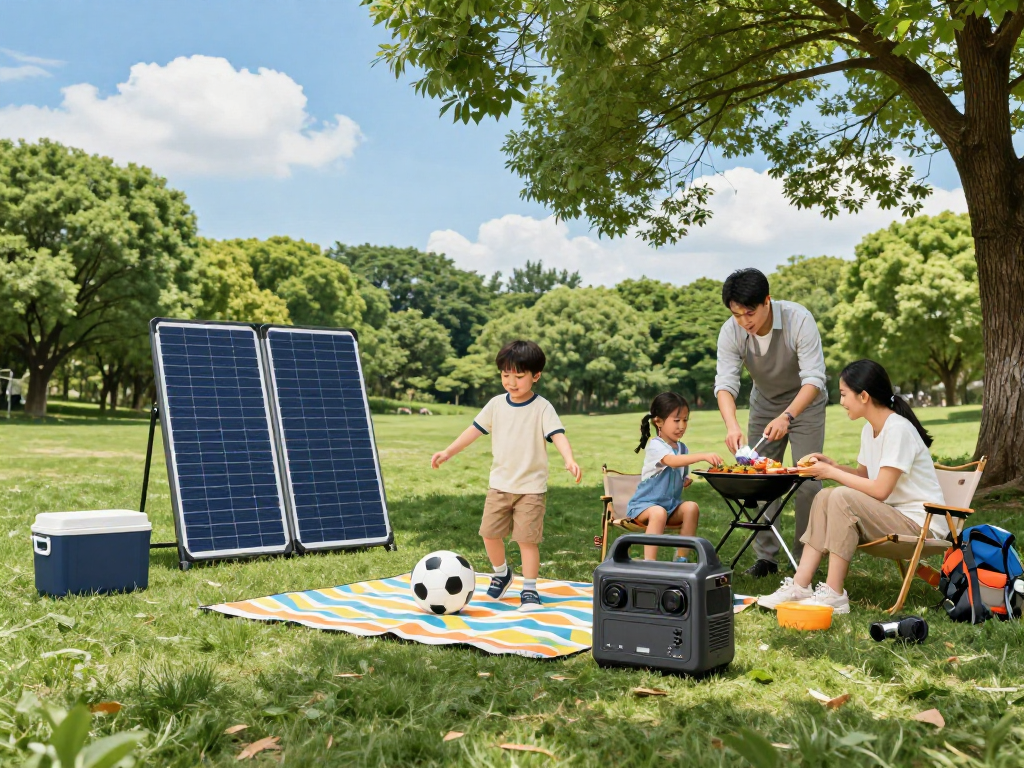 Family enjoying a picnic with a portable solar generator manufacturer in a vibrant outdoor setting, showcasing solar panels in use.