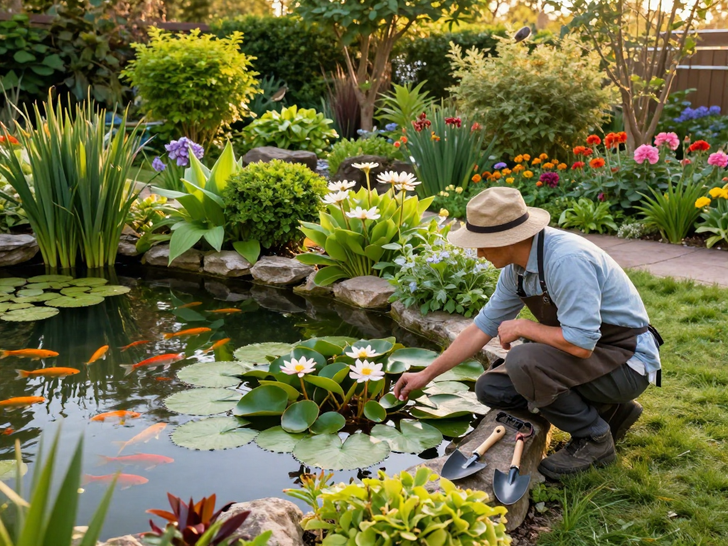 Vibrant British pond plants being tended to in a tranquil garden scene.