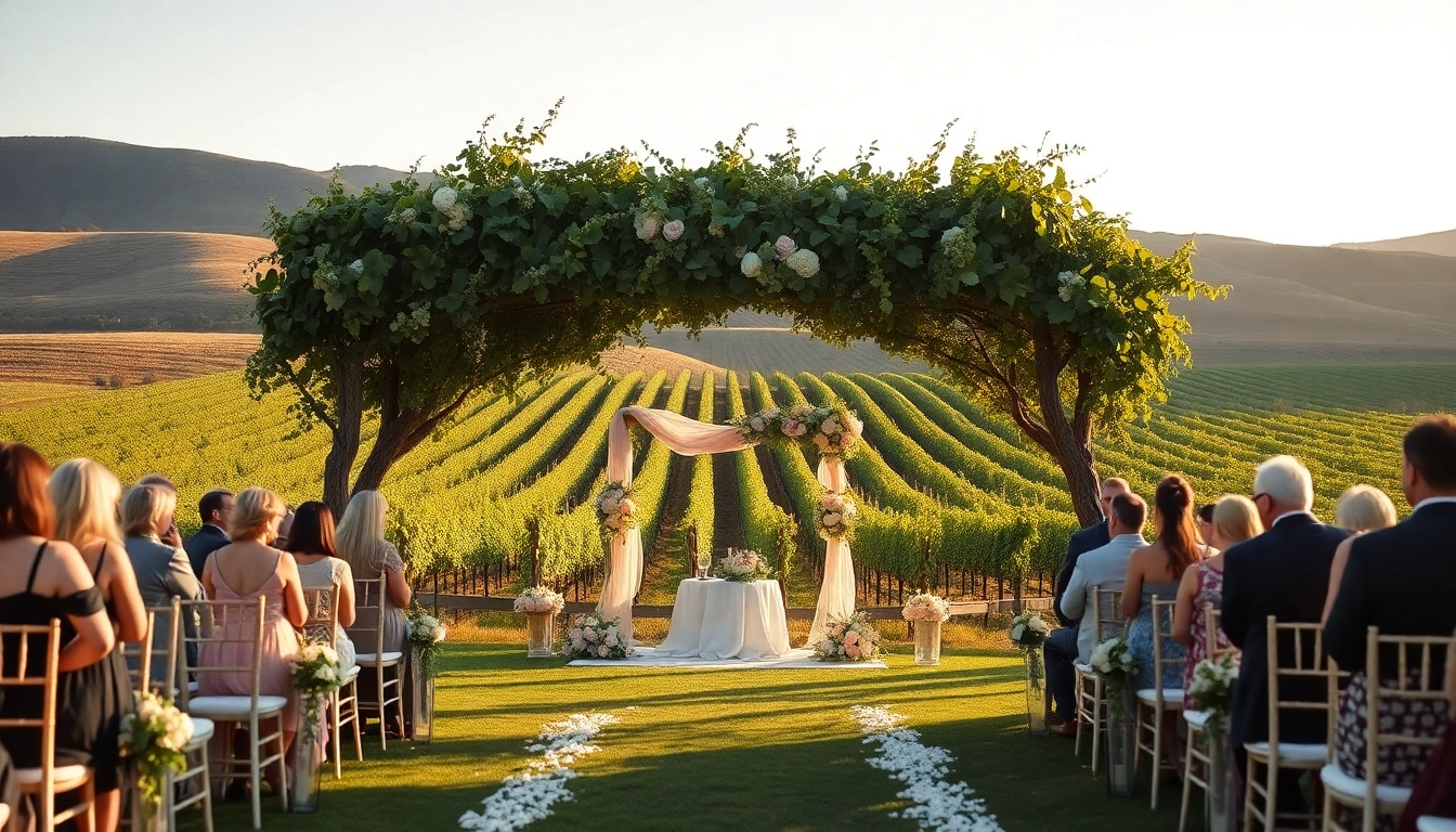 Clarksburg wedding ceremony under grapevines with romantic decorations and natural lighting.