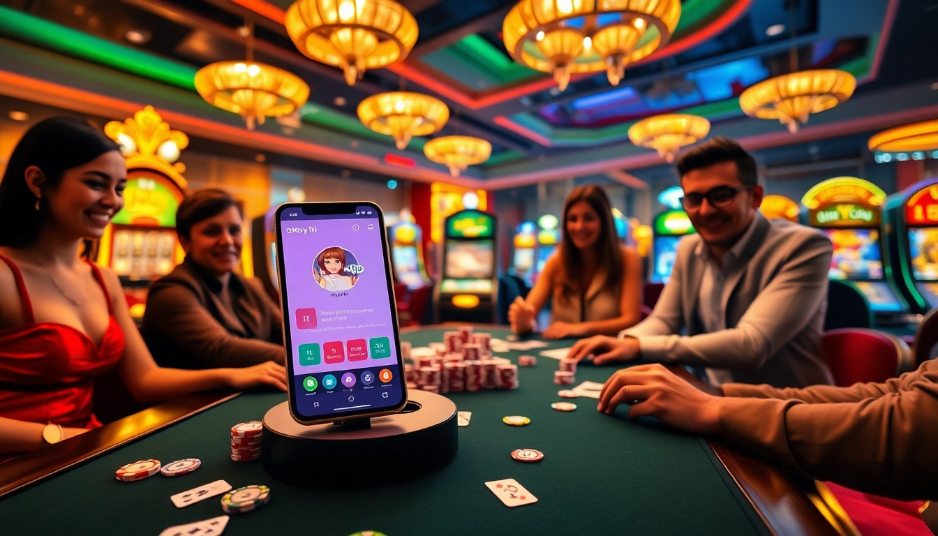 Engaging gamblers experiencing exciting gameplay with the okbay tải app in a luxury casino setting.