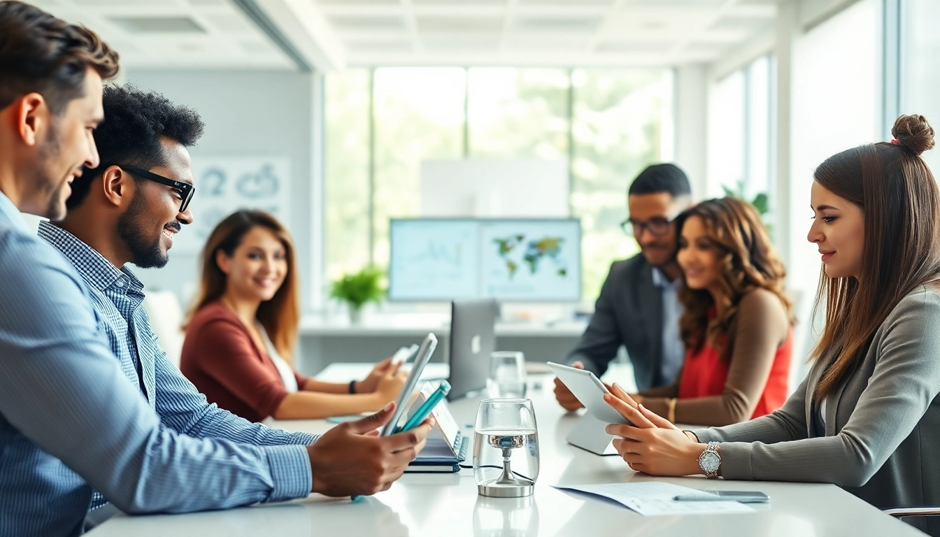 Teams collaborating with an enterprise ai assistant in a vibrant office setting.