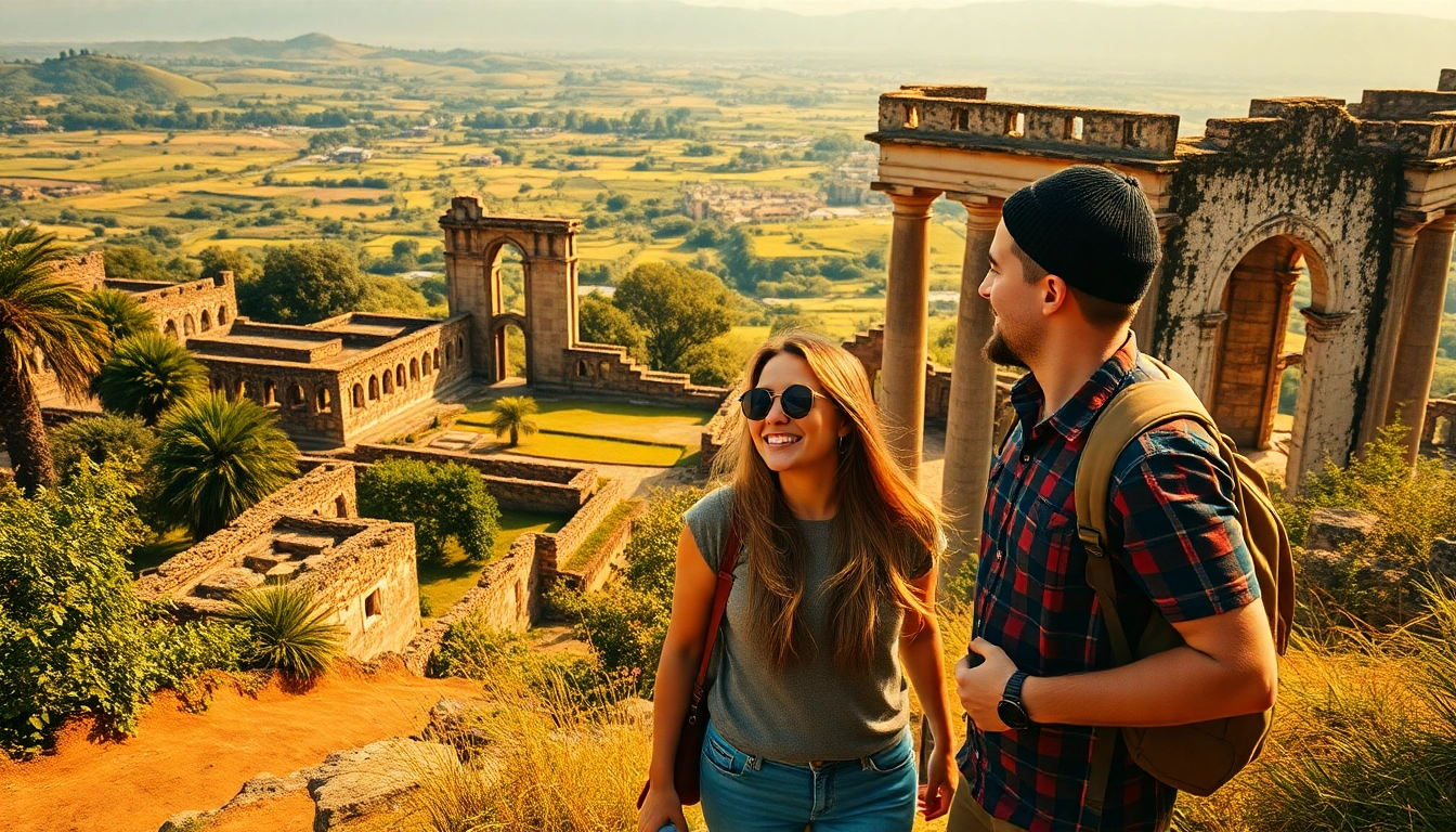 Couple capturing memories at ancient ruins while traveling with https://travelvixta.com.
