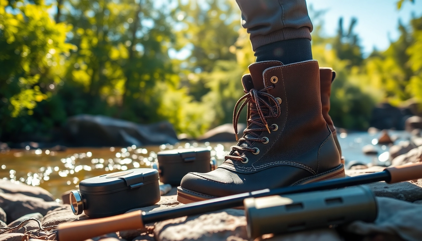 Showcase Fly fishing boots on rocky riverbank next to a glistening stream.