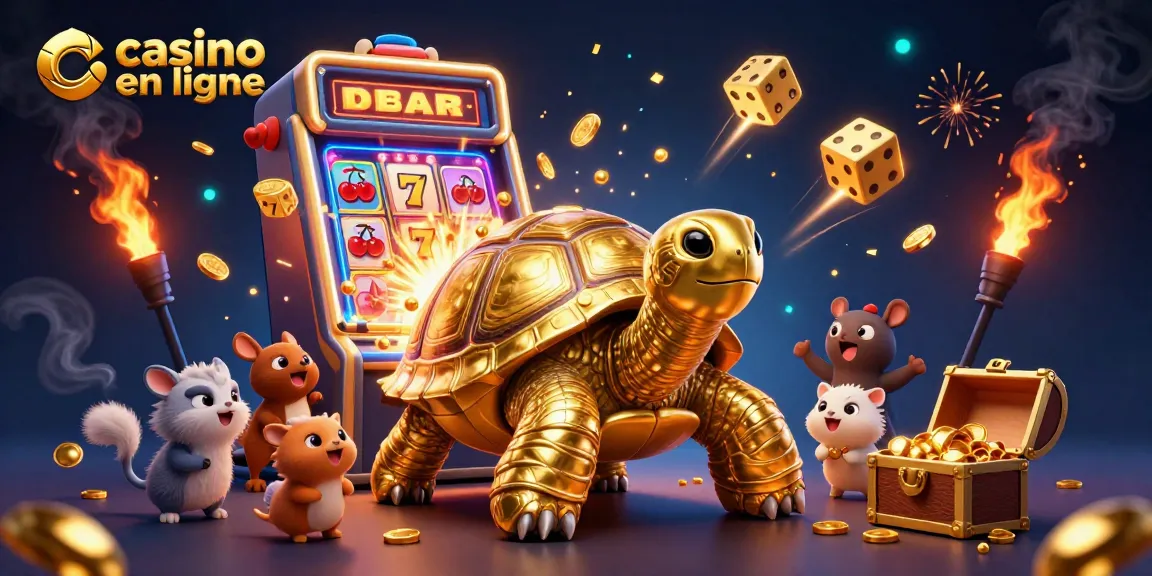 Jouez sur casino en ligne avec une tortue dorée en machine à pinball et des jetons colorés.