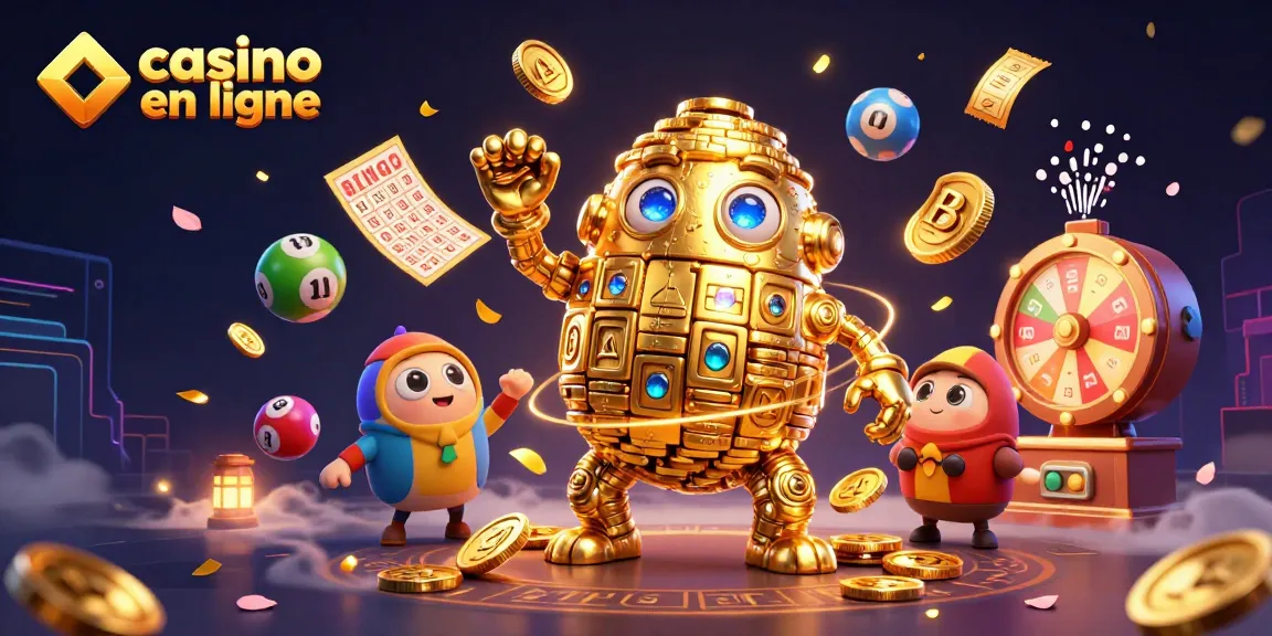 Jouez à casino en ligne avec un golem en or entouré de ballons de loterie colorés et d’un effet de pluie d’argent.