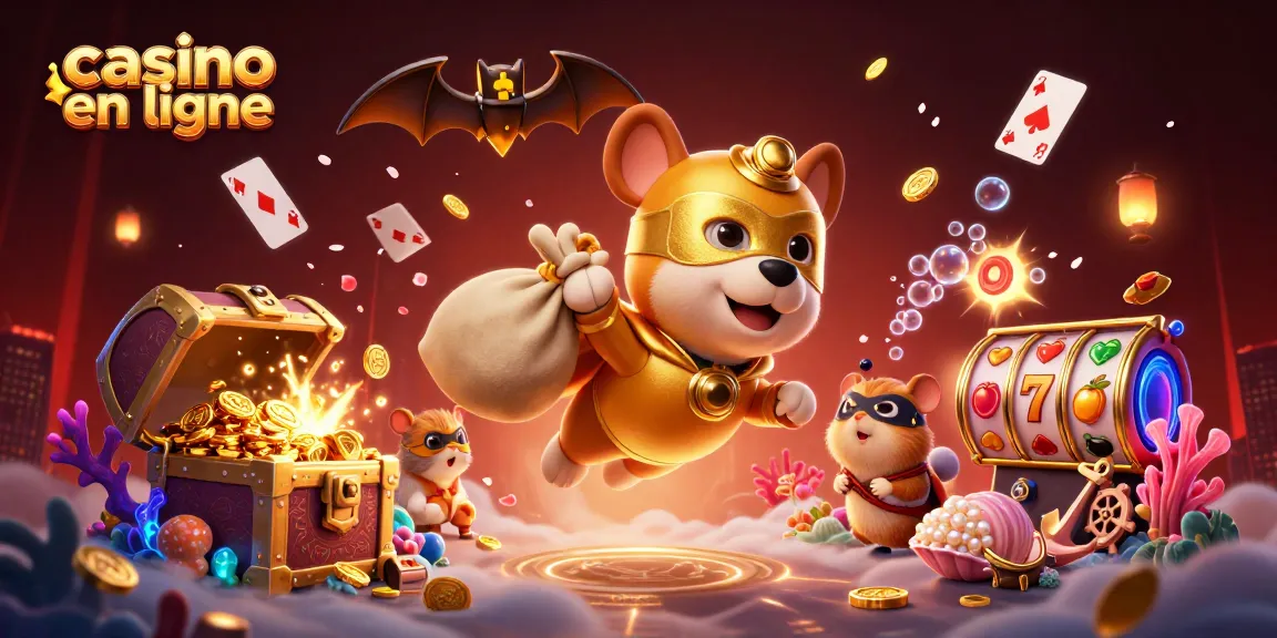 Casino en ligne : un chien super-héros volant avec des pièces d'or et des éléments de jeu dynamiques.