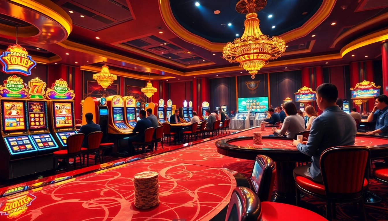 A lively casino scene illustrating the gaming experience at jun88pl.com with slot machines and poker tables.