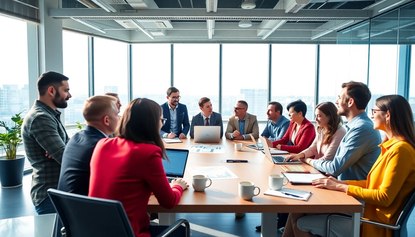 Business professionals collaborating in a modern office space during a strategic meeting.