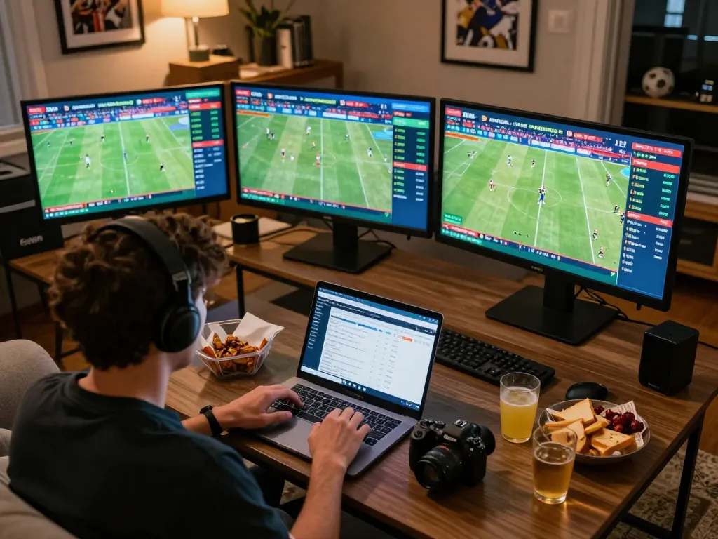 Engaged player analyzing slot server thailand betting odds on multiple screens during a game match