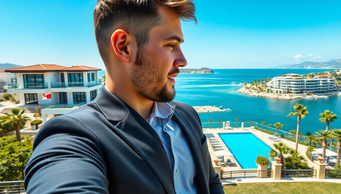 Visualize real estate in alanya with luxury properties and a professional agent interacting with clients.