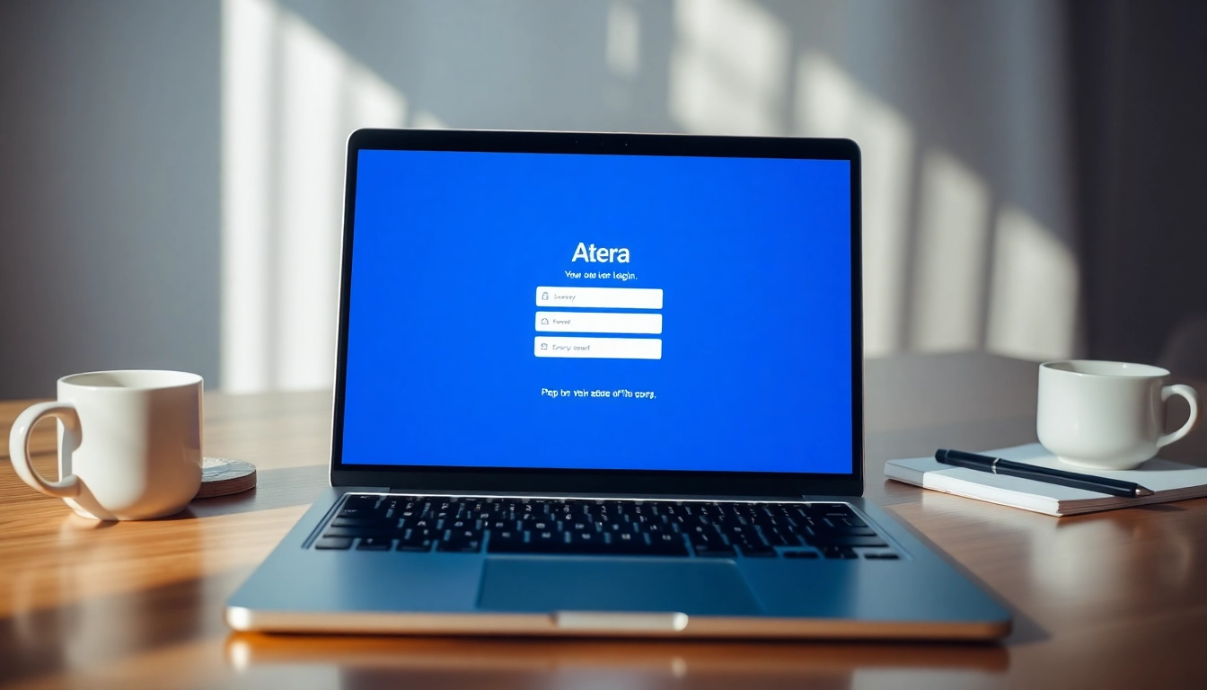 Atera login page visible on a laptop screen, showcasing key security features and design.