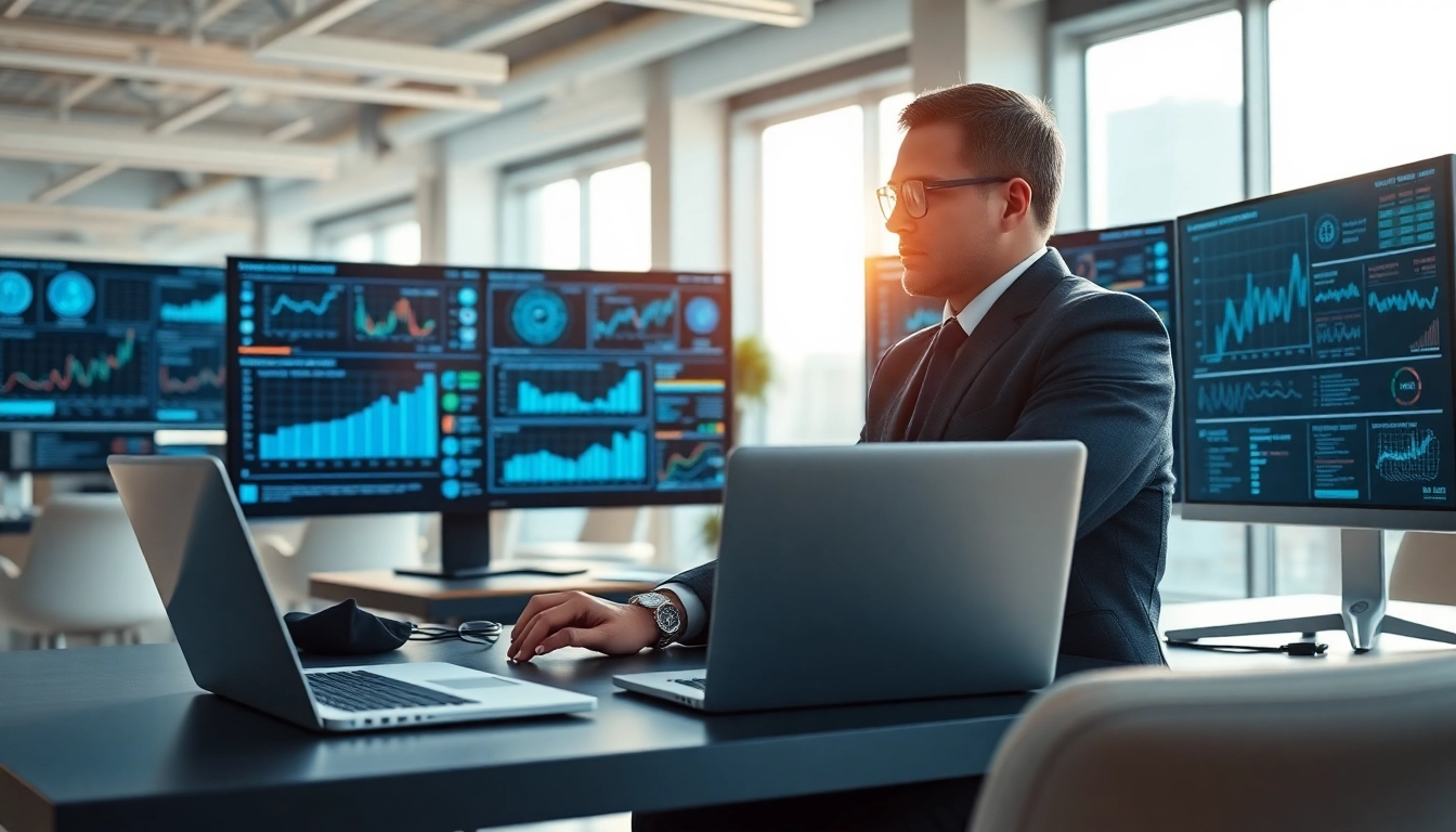 Cyberdan expert reviewing cybersecurity data in a modern office space with digital interfaces.