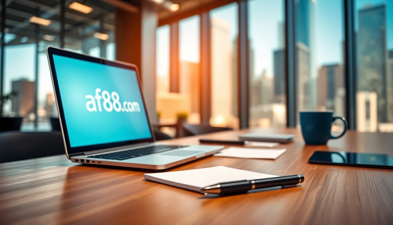 Showcase af88.com on a laptop in a vibrant professional workspace for business efficiency.