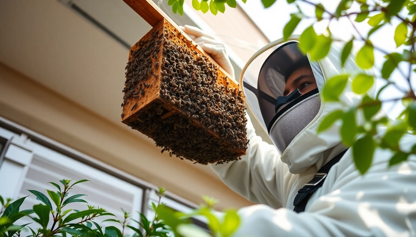 Efficient commercial bee removal showcased by a technician safely extracting a hive.