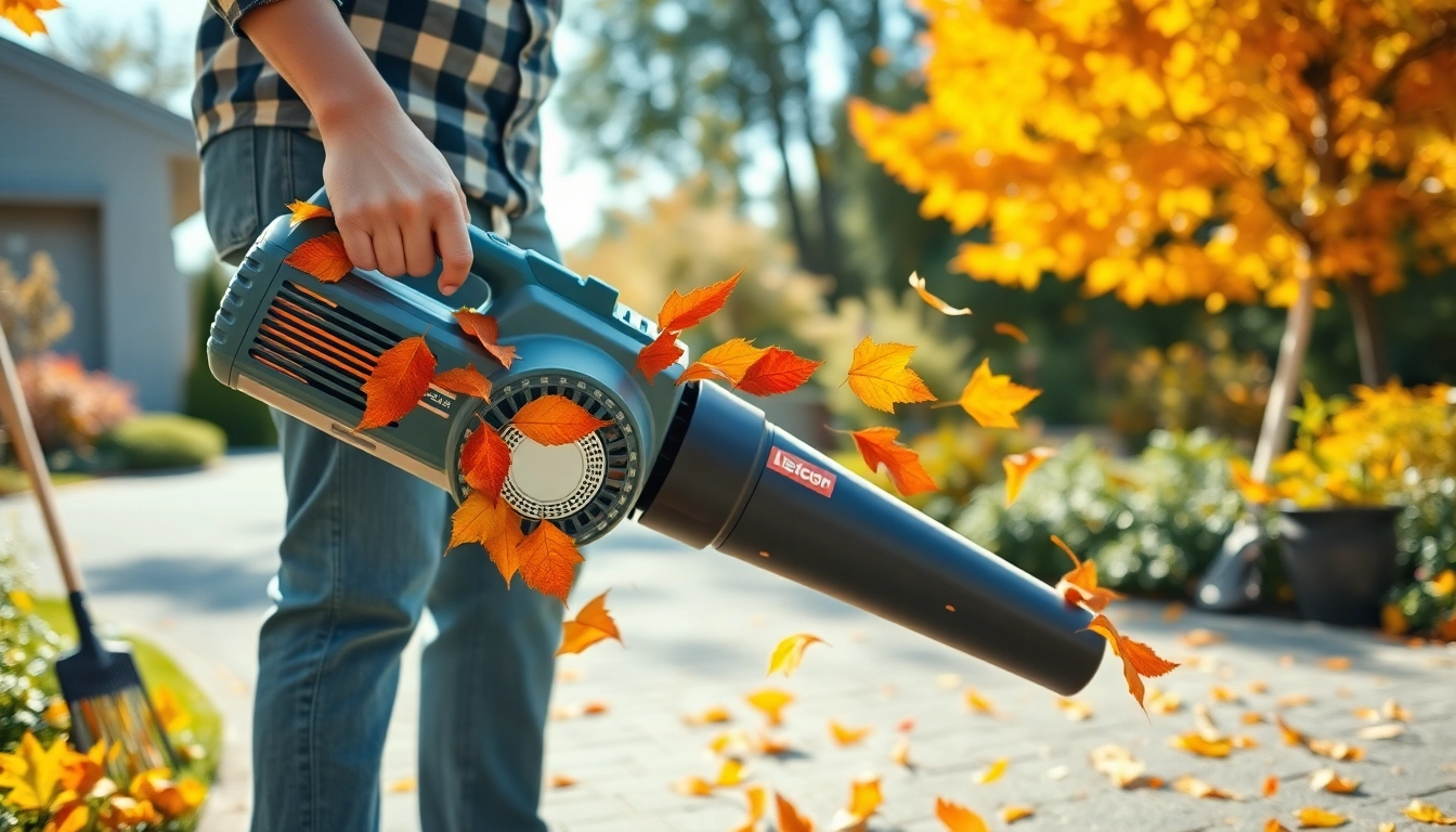Electric leaf blower efficiently clearing colorful autumn leaves in a vibrant garden.