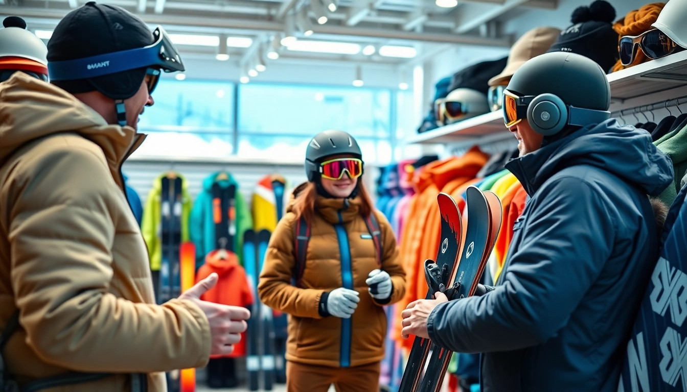 Ski shop displaying winter gear with an enthusiastic staff assisting customers.