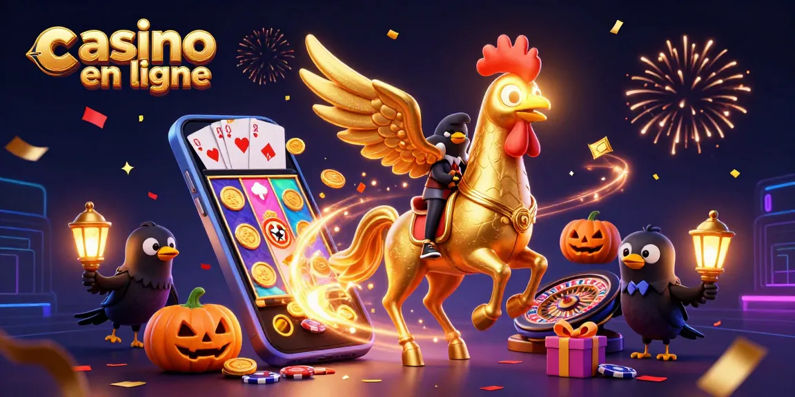 Illustration de casino en ligne avec un coq doré et ses compagnons, ambiance festive à couper le souffle.