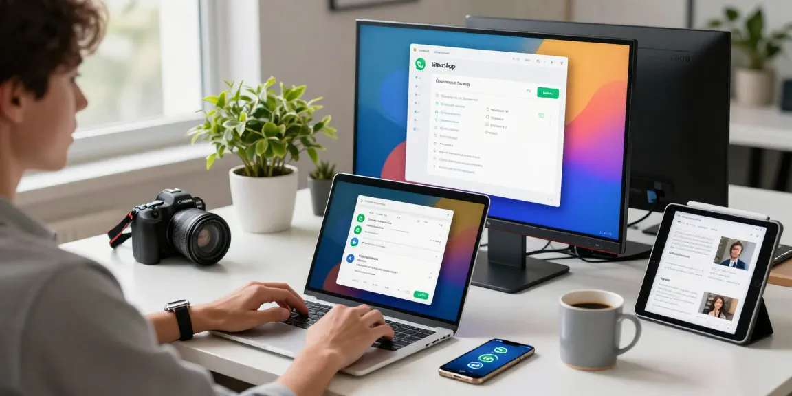 How to effectively download WhatsApp: User engaged with smartphone and laptop in a modern workspace