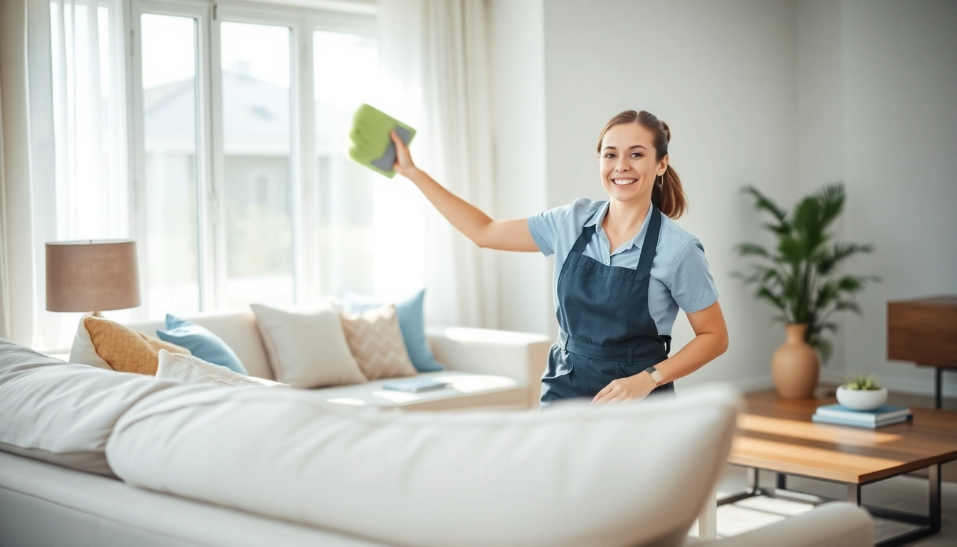 Engaging cleaning service professional performing a deep clean in a bright, stylish living room.