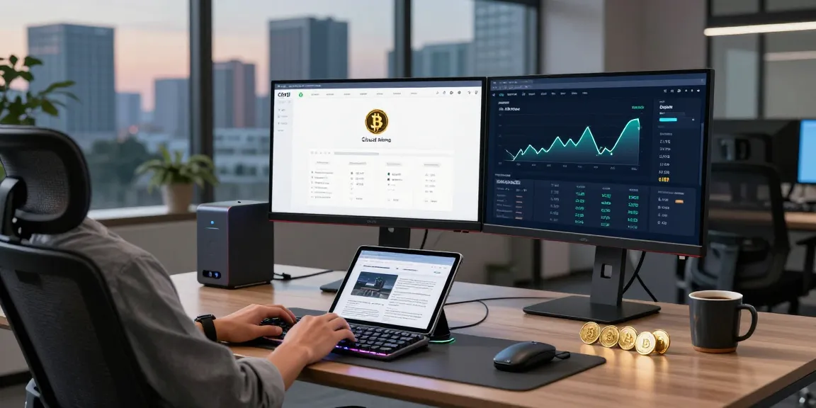 Cryptocurrency workspace showcasing a cloud mining platform with Bitcoin statistics and DeFi yield farming dashboard, emphasizing technology and security.