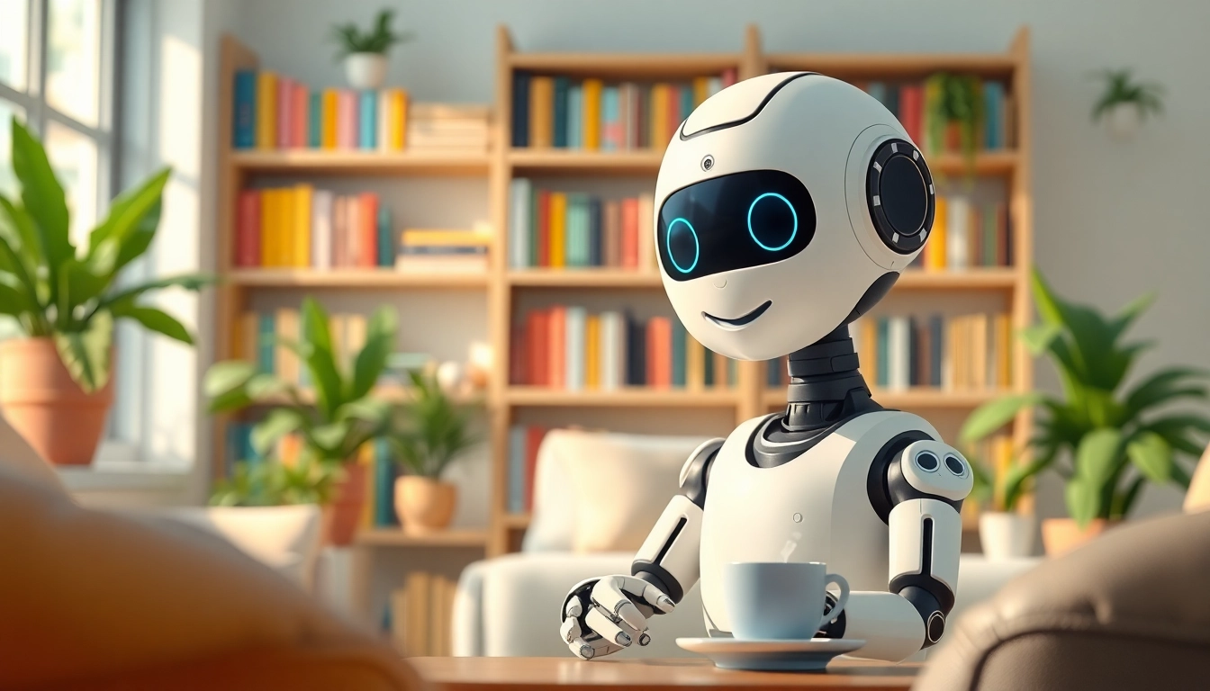 Engage with an AI Friend robot in a cozy living room setting, showcasing warmth and friendliness.