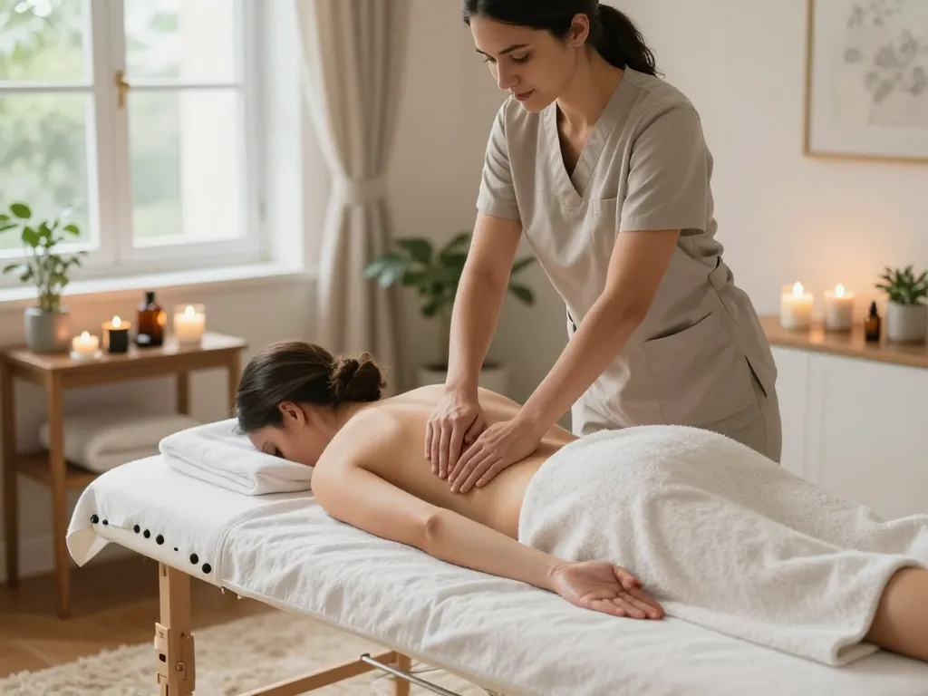 Relaxing massage therapy scene at home with professional therapist from www.maxim-anma.net, creating a serene wellness atmosphere.
