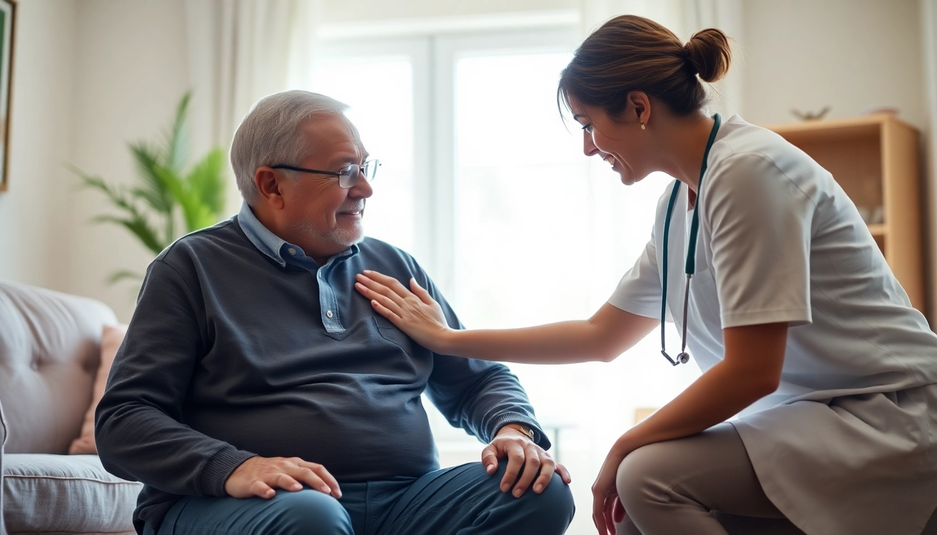 Caring professional assisting a senior man in home senior care with a warm ambiance.
