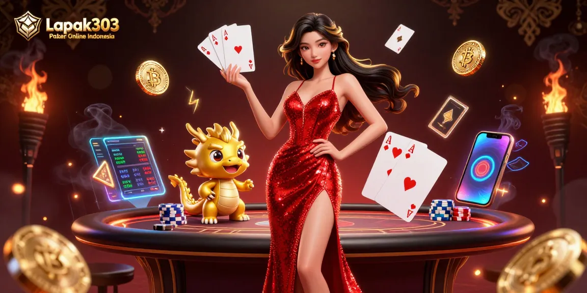 Join the excitement of Lapak303 Poker Online Indonesia with a vibrant scene featuring a confident woman and poker elements.