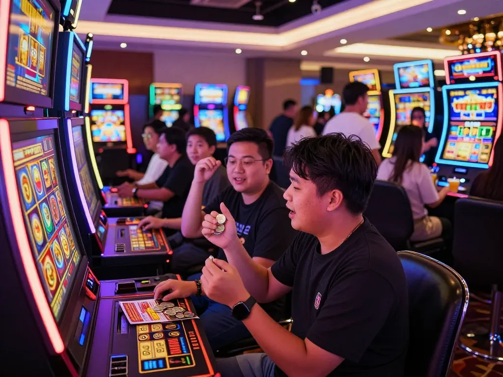 Suasana kasino yang mendebarkan dengan pemain merayakan kemenangan di mesin slot situs slot gacor.