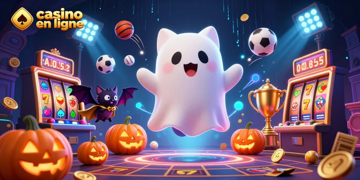 Découvrez le monde en ligne du casino avec un chat fantôme amusant et des éléments de jeux scintillants.