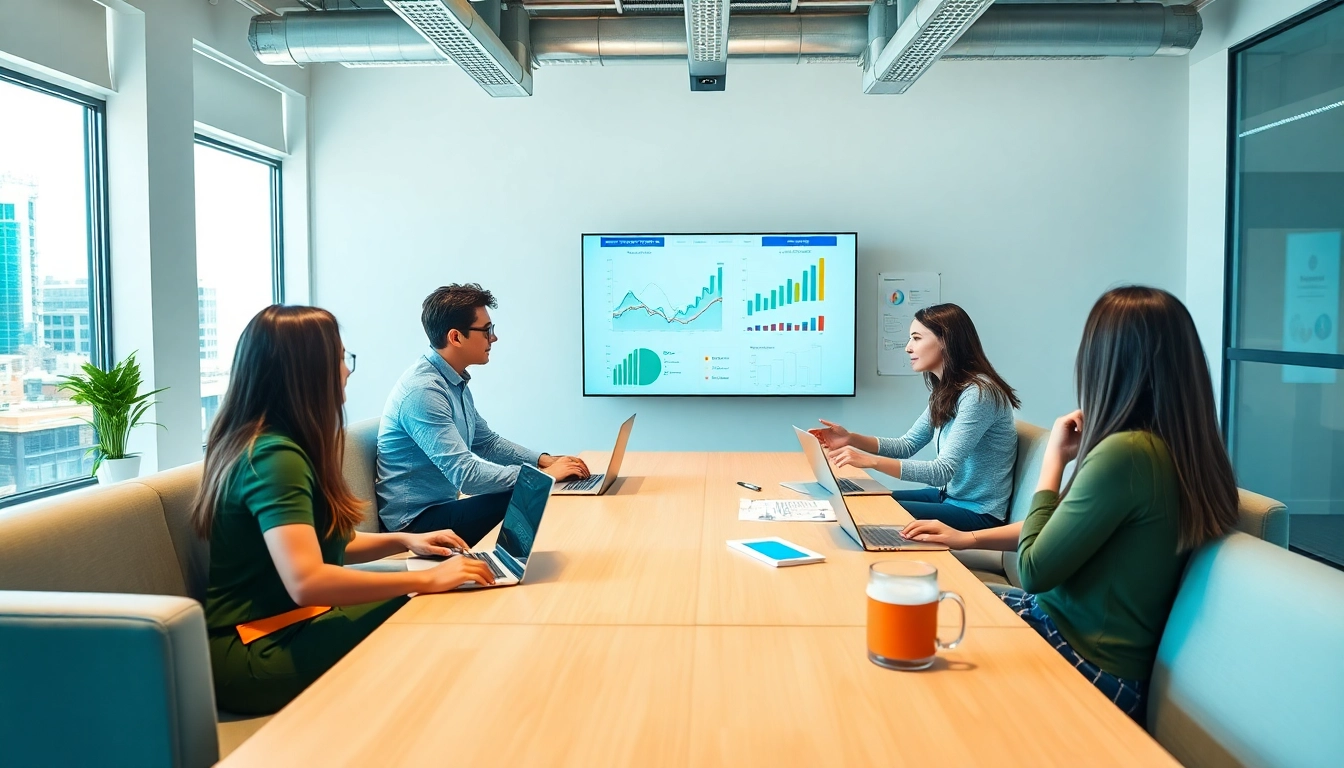 Collaborative team discussing strategies on https://boost-social-media.com in a bright office.