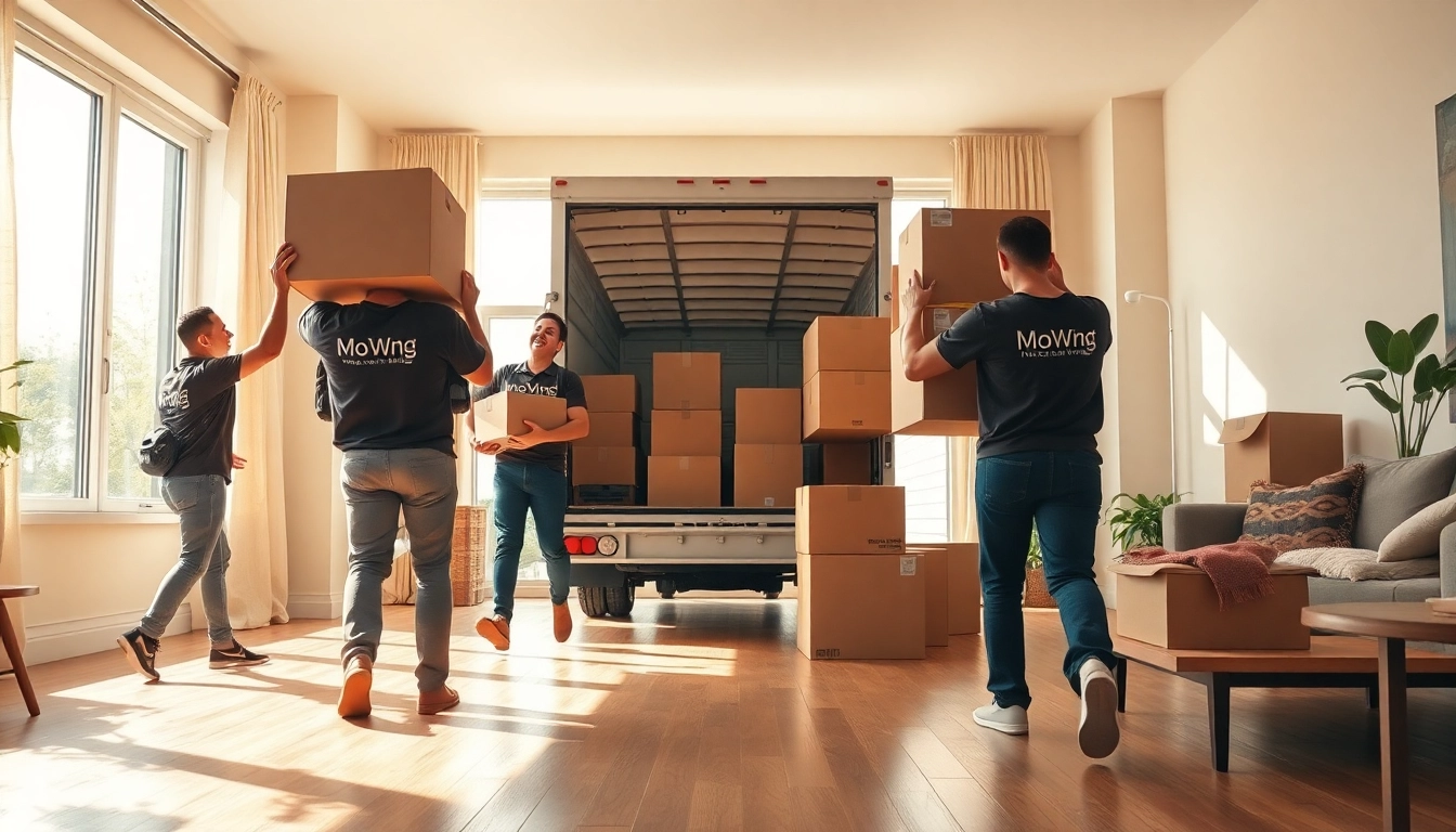 Efficient Toronto moving company movers transporting furniture and boxes in a bustling apartment environment.