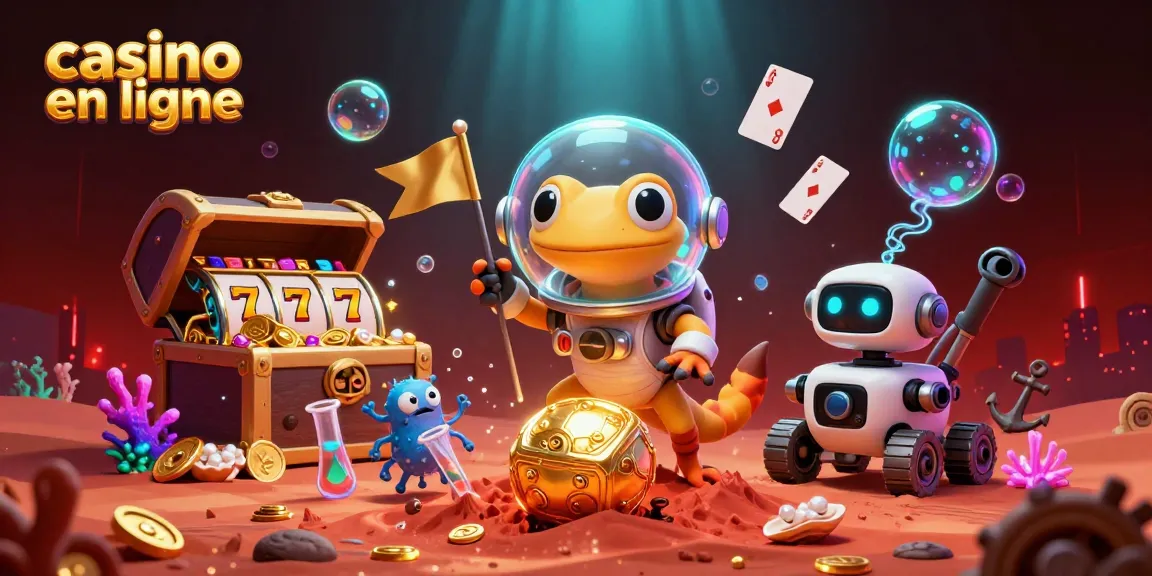 Illustration 3D d'un gecko Martien explorant un casino en ligne avec des éléments de jeu colorés.