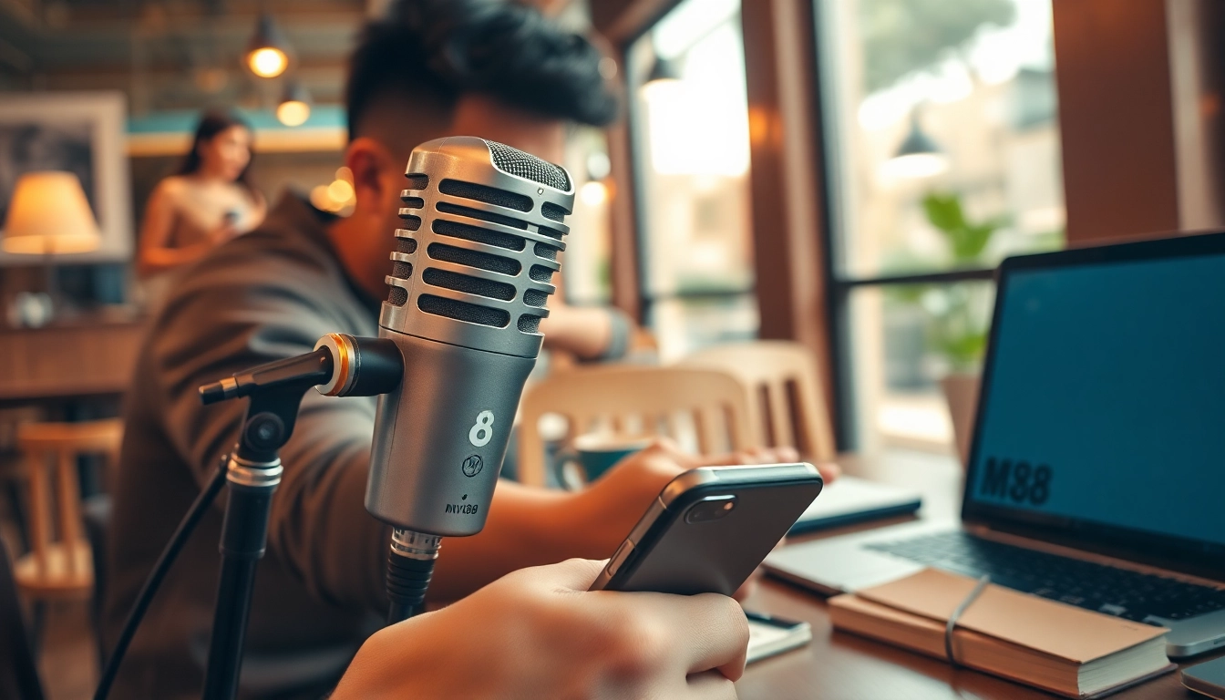 MV88 microphone connected to an iPhone, showcasing versatile audio recording in a modern cafe setting.