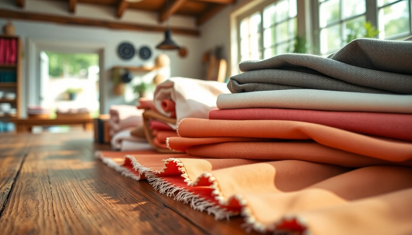 Bekijk prachtige 100% katoen stoffen met verschillende kleuren en texturen op een houten tafel.