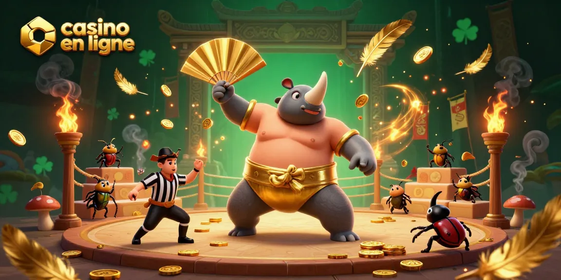 Animation captivante d'un casino en ligne où un scarabée rhinocéros sumo en maillot d'or émet des pièces d'or.
